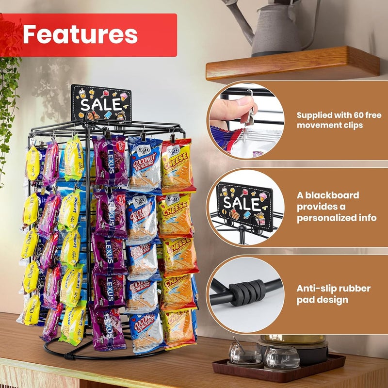 vefix Chip Rack Display Stand, 5 Tiers 60 Clips Snack Retail Display Rack, 360° Rotation Snack Bar Station for Concession Stand, Snack Organizer, Candy Display, Chip Holder for Party, Countertop - Image 3